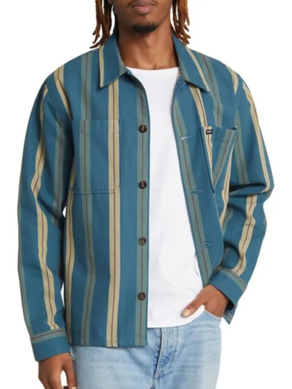 Striped Teal & Beige Men's Button-Up Shirt Retail $63